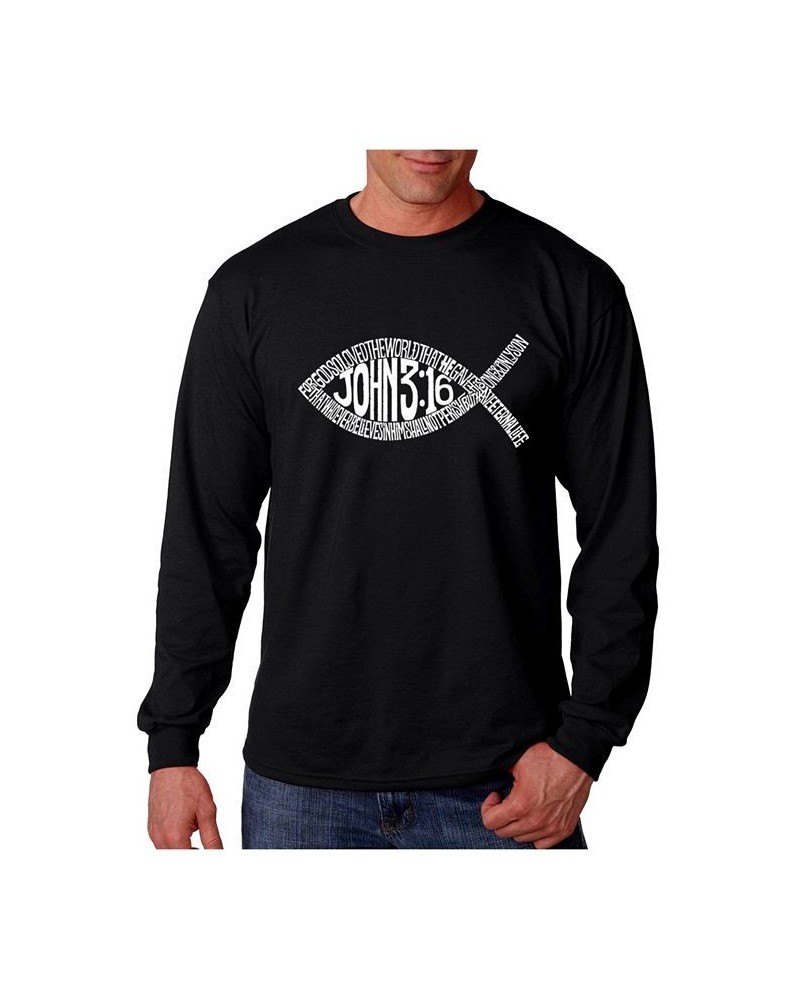 Men's Word Art Long Sleeve T-Shirt - John 3:16 Fish Symbol Black $18.00 T-Shirts