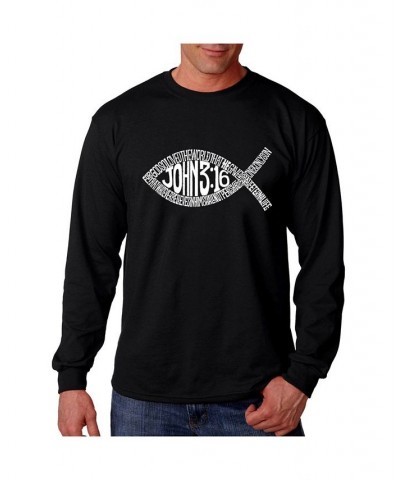 Men's Word Art Long Sleeve T-Shirt - John 3:16 Fish Symbol Black $18.00 T-Shirts