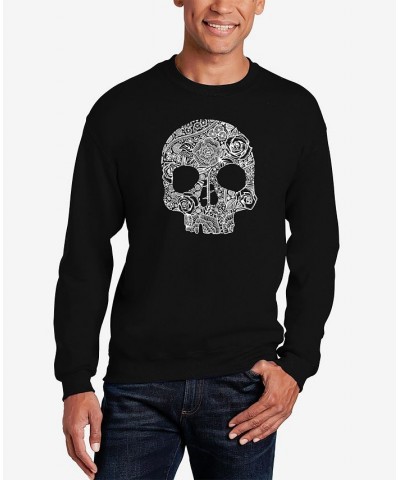 Men's Word Art Crewneck Flower Skull Sweatshirt Black $21.00 Sweatshirt