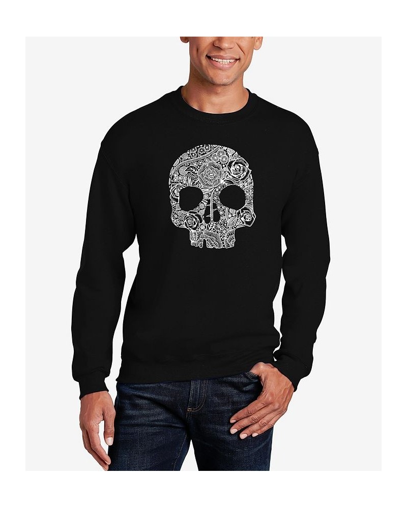 Men's Word Art Crewneck Flower Skull Sweatshirt Black $21.00 Sweatshirt