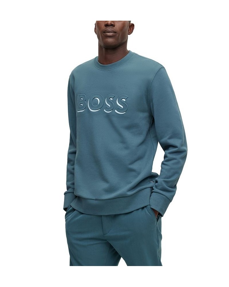 BOSS Men's Embossed and Printed Logo Cotton Sweatshirt Blue $90.24 Sweatshirt