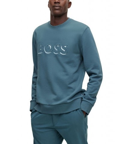 BOSS Men's Embossed and Printed Logo Cotton Sweatshirt Blue $90.24 Sweatshirt