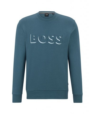 BOSS Men's Embossed and Printed Logo Cotton Sweatshirt Blue $90.24 Sweatshirt