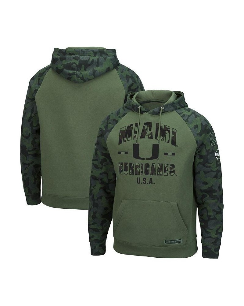 Men's Olive, Camo Miami Hurricanes OHT Military-Inspired Appreciation Raglan Pullover Hoodie $35.25 Sweatshirt