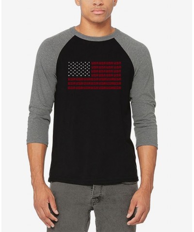 Men's Raglan Baseball Word Art USA Flag T-shirt Gray and Black $25.19 T-Shirts