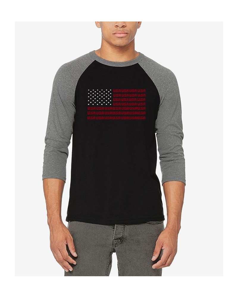 Men's Raglan Baseball Word Art USA Flag T-shirt Gray and Black $25.19 T-Shirts