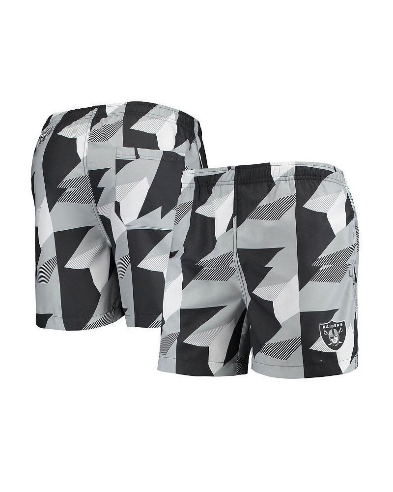 Men's Black and Silver Las Vegas Raiders Geo Print Swim Trunks $26.31 Swimsuits