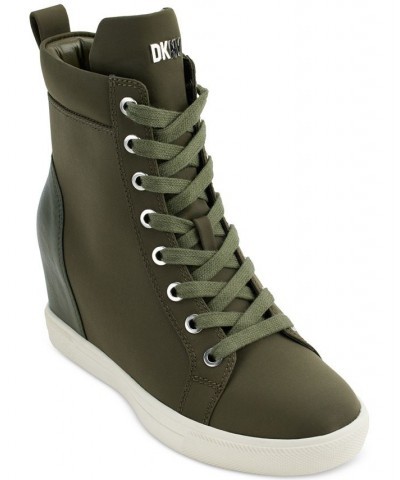 Women's Calz Lace-Up High-Top Wedge Sneakers Green $73.14 Shoes