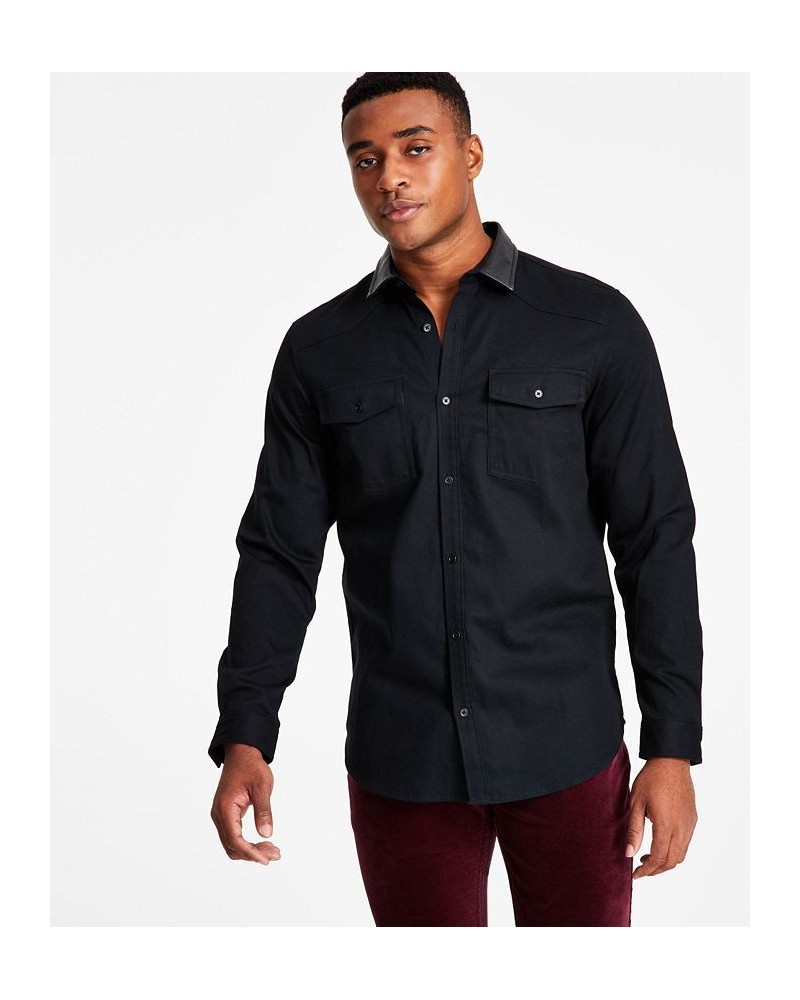 Men's Classic-Fit Solid Button-Down Shirt with Faux-Leather Collar Black $18.32 Shirts