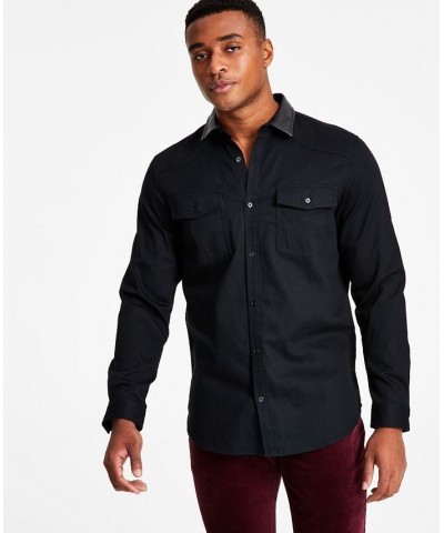 Men's Classic-Fit Solid Button-Down Shirt with Faux-Leather Collar Black $18.32 Shirts