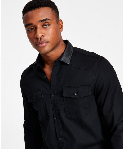 Men's Classic-Fit Solid Button-Down Shirt with Faux-Leather Collar Black $18.32 Shirts