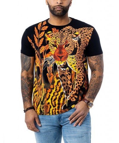 Men's Flower Cheetah Rhinestone T-shirt Black $27.00 T-Shirts