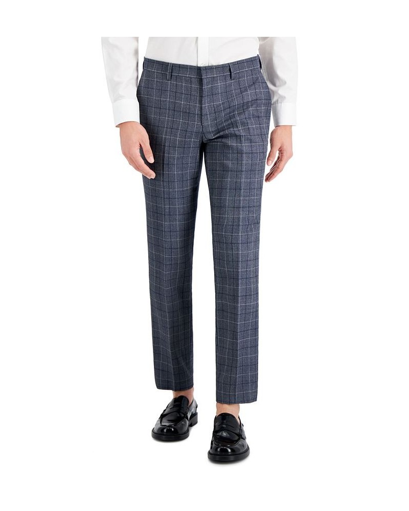 Hugo Boss Men's Slim-Fit Gray Windowpane Check Suit Pants Blue $50.50 Suits