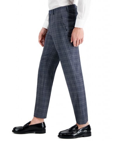 Hugo Boss Men's Slim-Fit Gray Windowpane Check Suit Pants Blue $50.50 Suits