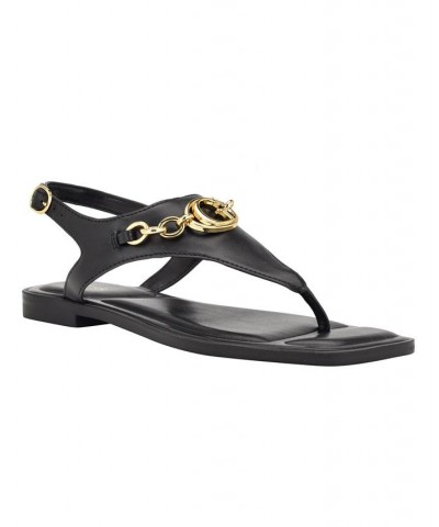 Women's Rissy T Strap Logo and Hardware Flat Sandals Black $41.87 Shoes