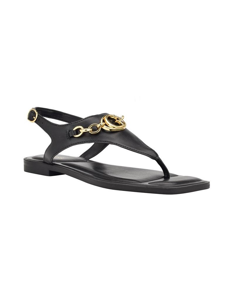 Women's Rissy T Strap Logo and Hardware Flat Sandals Black $41.87 Shoes