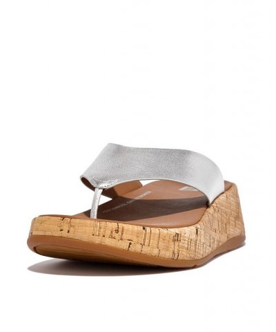 Women's F-Mode Metallic Leather and Cork Flatform Toe Post Sandals Gray $73.50 Shoes