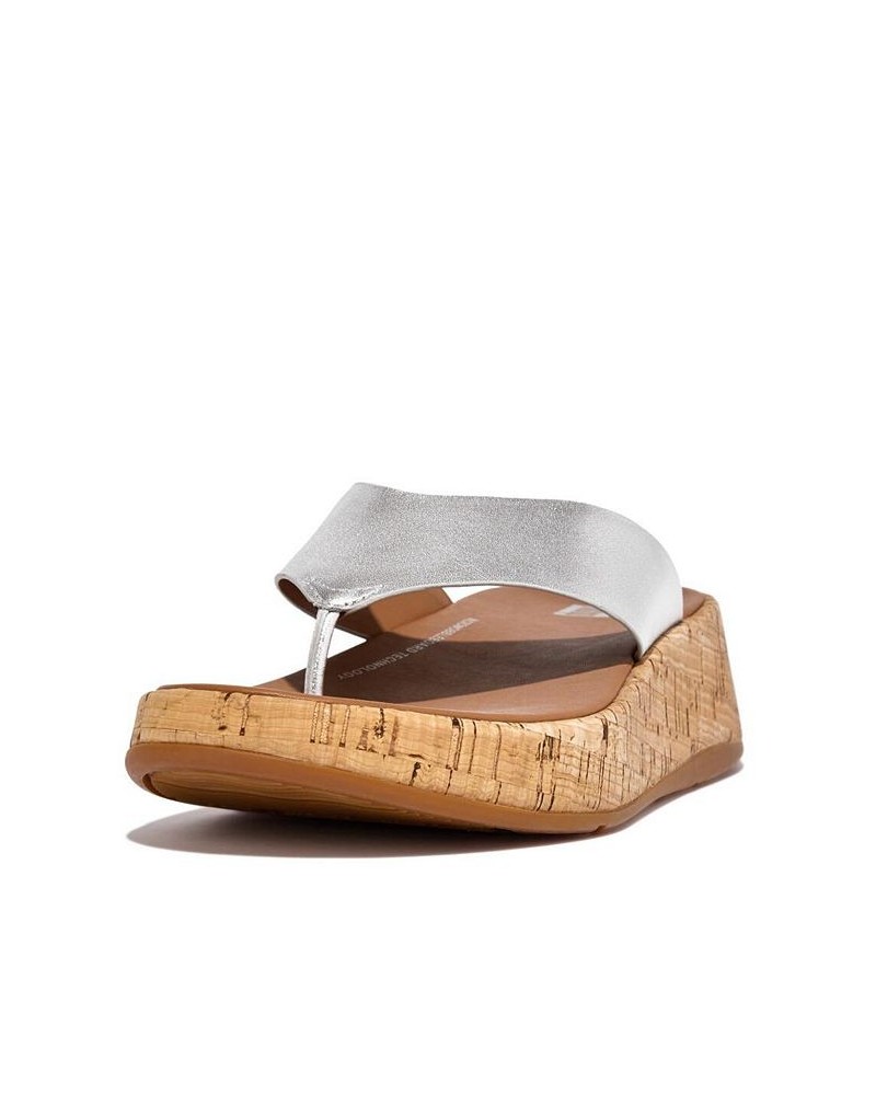 Women's F-Mode Metallic Leather and Cork Flatform Toe Post Sandals Gray $73.50 Shoes