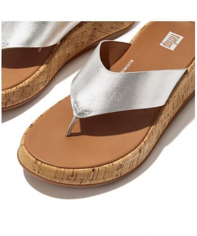 Women's F-Mode Metallic Leather and Cork Flatform Toe Post Sandals Gray $73.50 Shoes