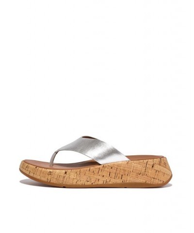 Women's F-Mode Metallic Leather and Cork Flatform Toe Post Sandals Gray $73.50 Shoes