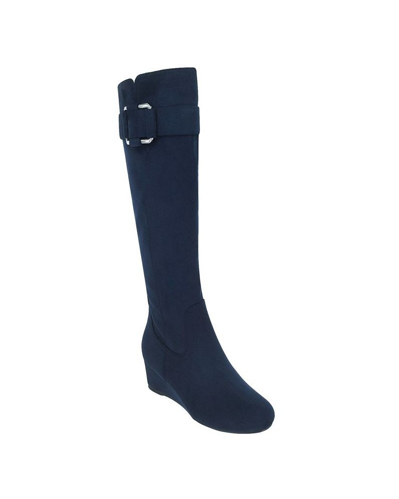 Women's Genia Wide Calf Stretch Wedge Tall Boot with Memory Foam Blue $34.72 Shoes