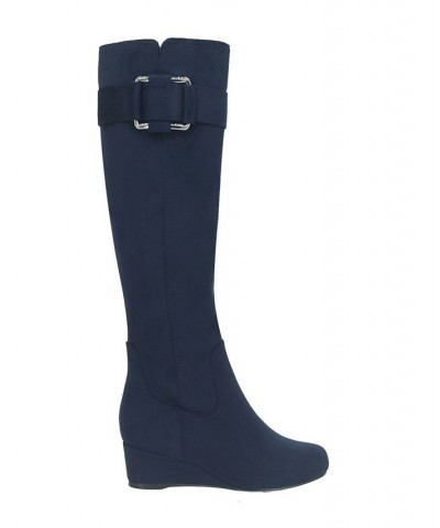 Women's Genia Wide Calf Stretch Wedge Tall Boot with Memory Foam Blue $34.72 Shoes