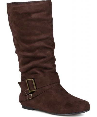 Women's Wide Calf Shelley Buckles Boot Brown $50.00 Shoes