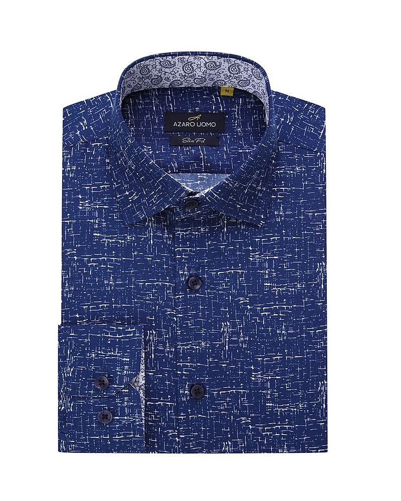 Men's Business Geometric Long Sleeve Button Down Shirt Blue $19.59 Dress Shirts