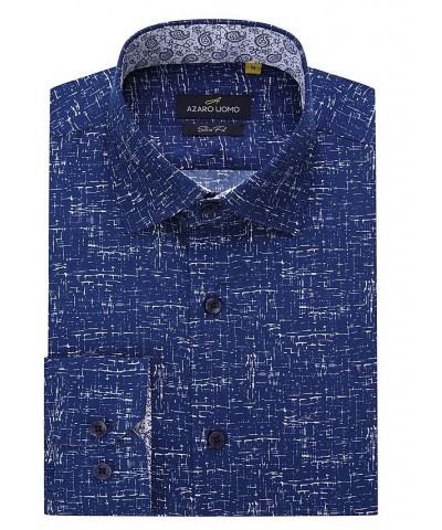 Men's Business Geometric Long Sleeve Button Down Shirt Blue $19.59 Dress Shirts