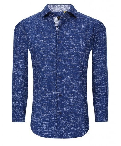 Men's Business Geometric Long Sleeve Button Down Shirt Blue $19.59 Dress Shirts