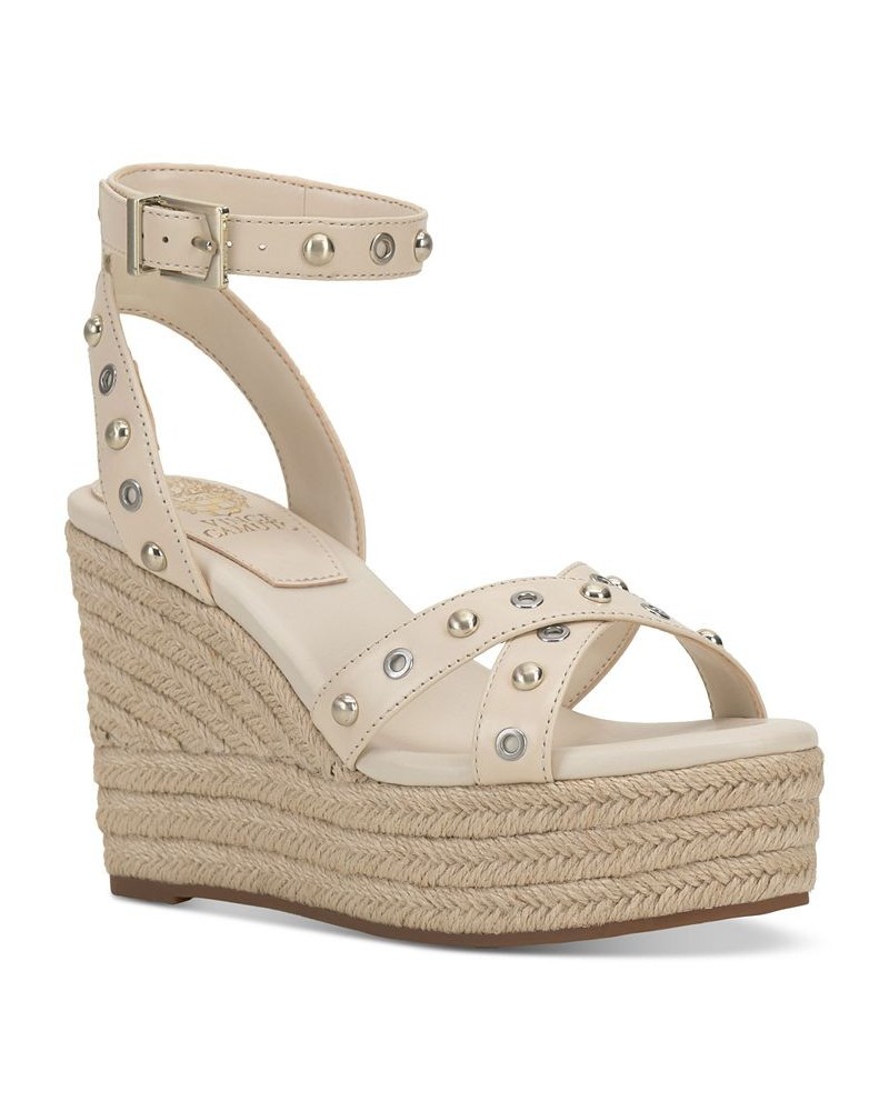 Feegella Studded Ankle-Strap Platform Wedge Sandals White $56.99 Shoes