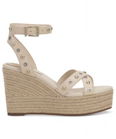 Feegella Studded Ankle-Strap Platform Wedge Sandals White $56.99 Shoes